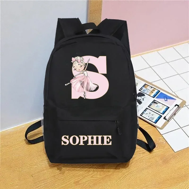 Girls Personalised Ballerina Printed Backpack Dancer Letter Design Girls Nursery Child Pre School Rucksack School Bag Backpack