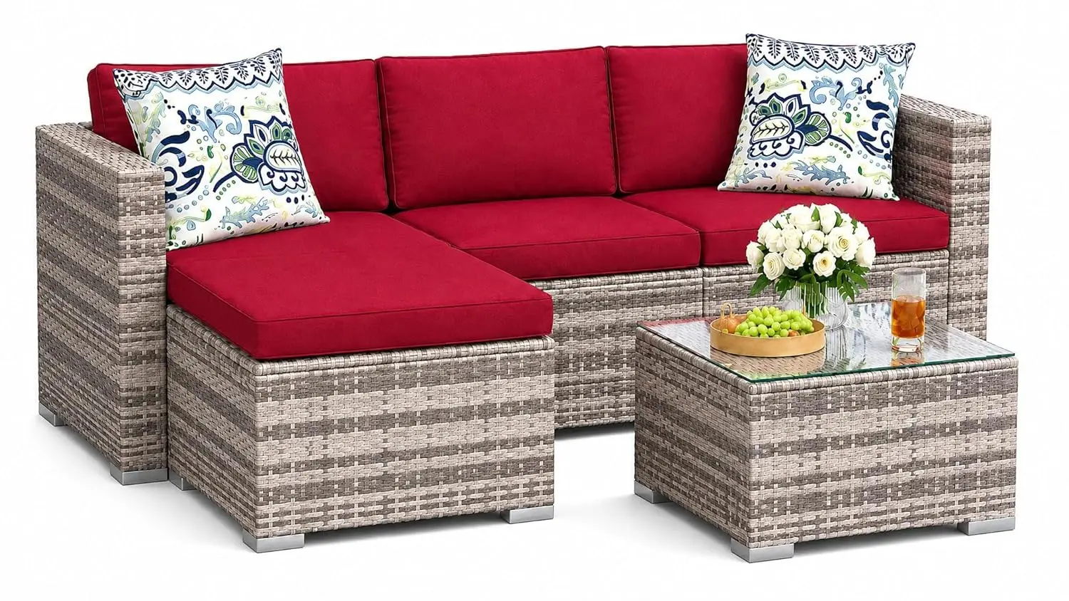 5 Piece Outdoor Patio Wicker Sectional Sofa Set with Cushions & Ottomans, Glass Table for Backyard Porch Balcony, Custom