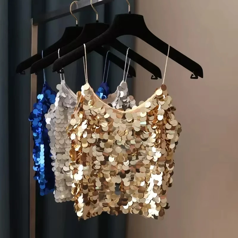 

Women Sequins Temperament Sexy Peplum Camisole Top V Neck Strap Camis Club Girls Sequin Sleeveless Short Camisole Vest Tops 2024