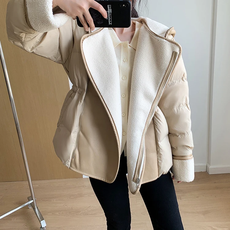 Schinteon Women Lambswool White Duck Down Jacket with Hood Autumn Winter Warm Outwear Casual Patchwork Coat European Style