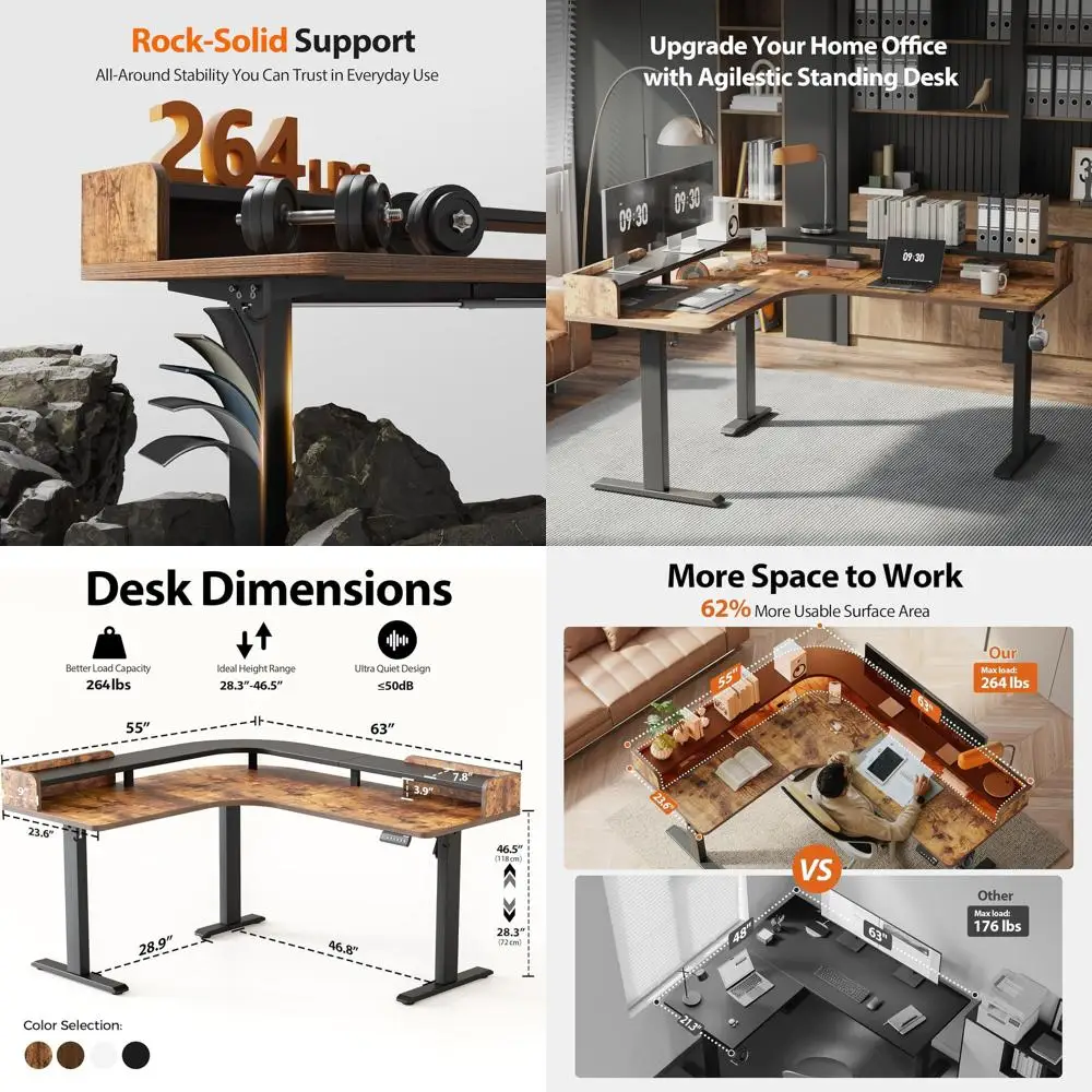 

Adjustable Height L-Shaped Desk with Monitor Shelf, 63x55 Rustic Brown Home/Office Workstation