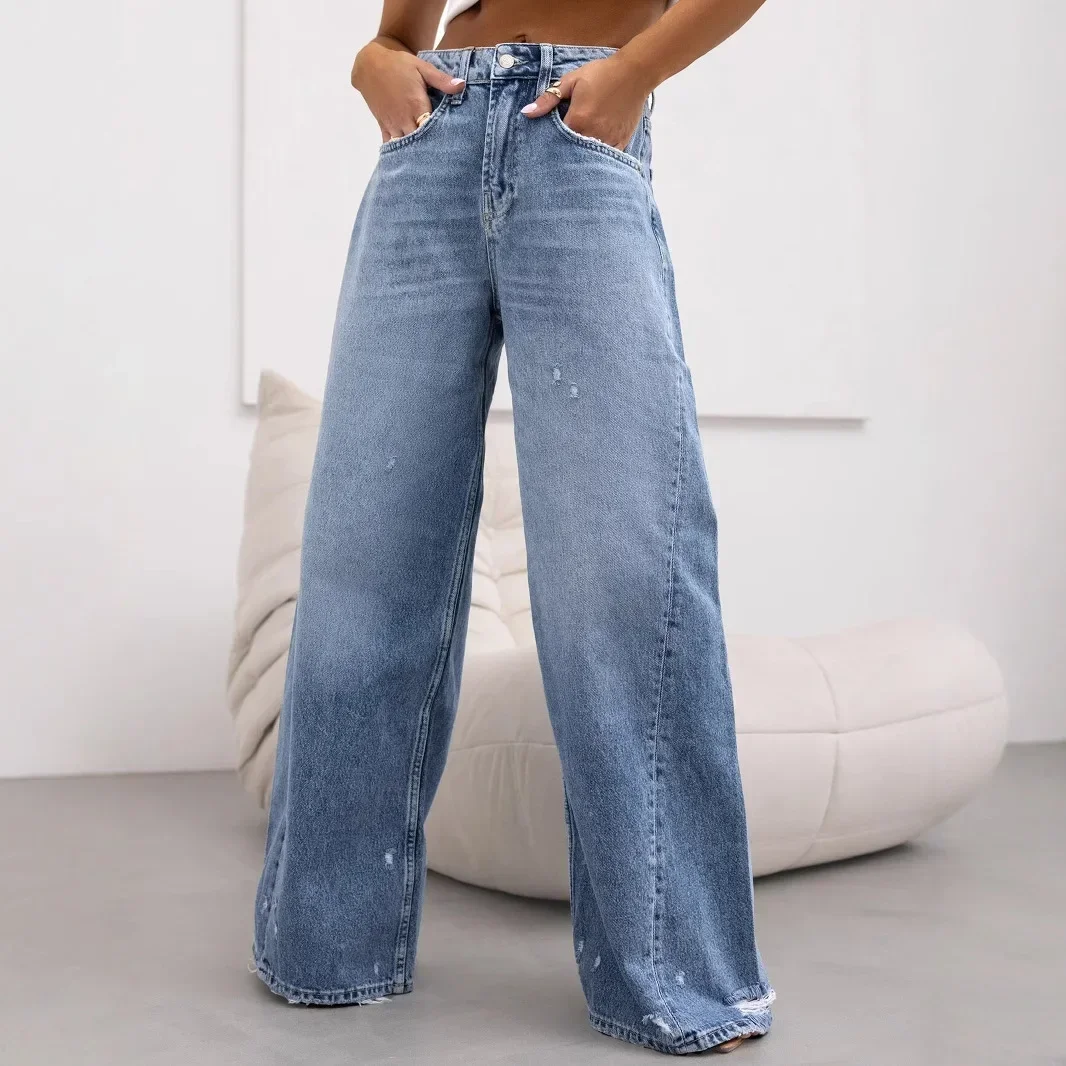

Hole Jeans Women Denim Wide Leg Pants High Waist Washed Ripped Distressed Pockets 2025 Streetwear Vintage Floor Length Trousers