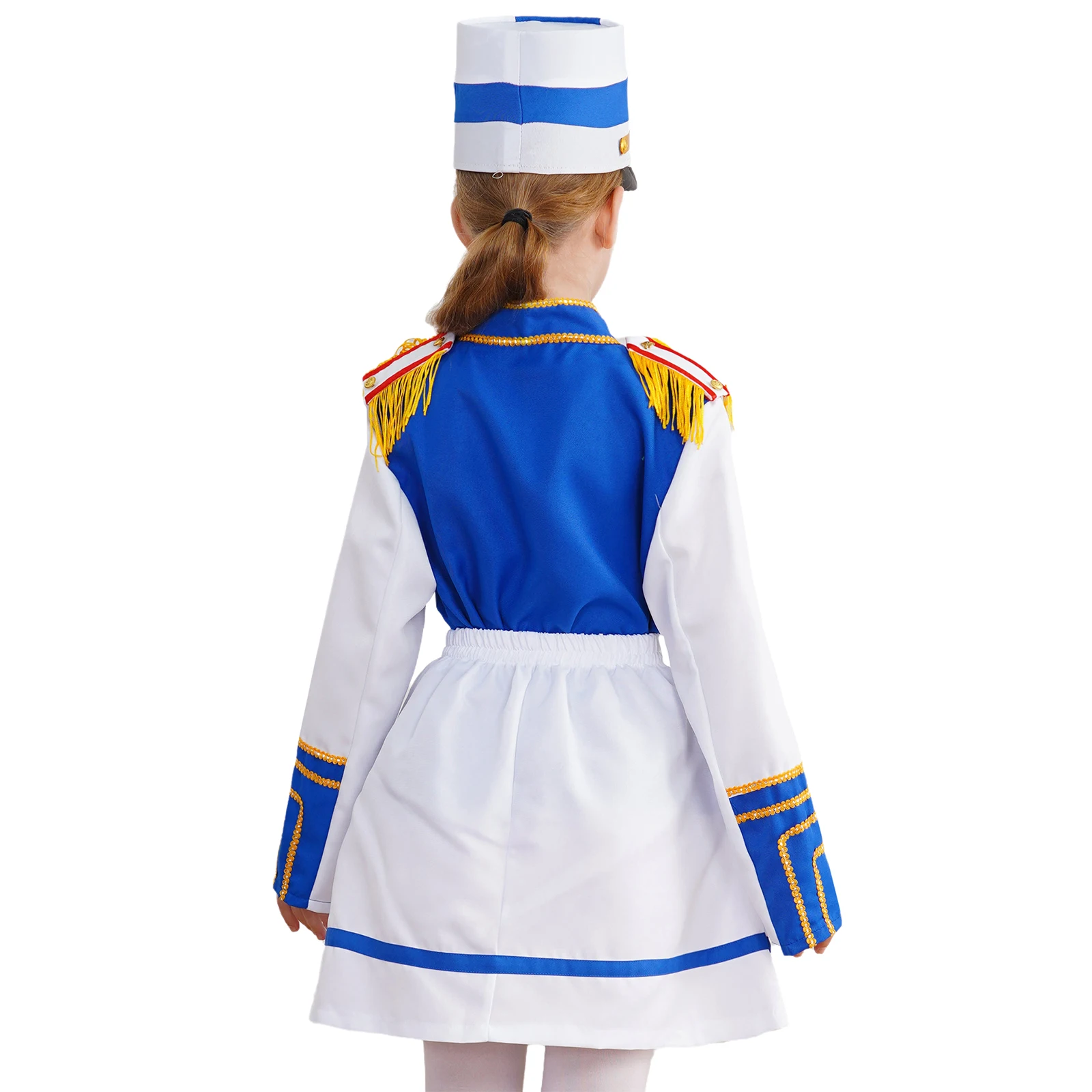 Girls Drum Major Marching Band Uniform Trumpet Honor Guard Flag Raising Outfit Top with Skirt Cap Halloween Carnival Costume