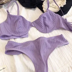 Women Casual Plain Bra Set Elegant Stretch Lingerie Set Thin Thong Underwear Bra and Panty Set