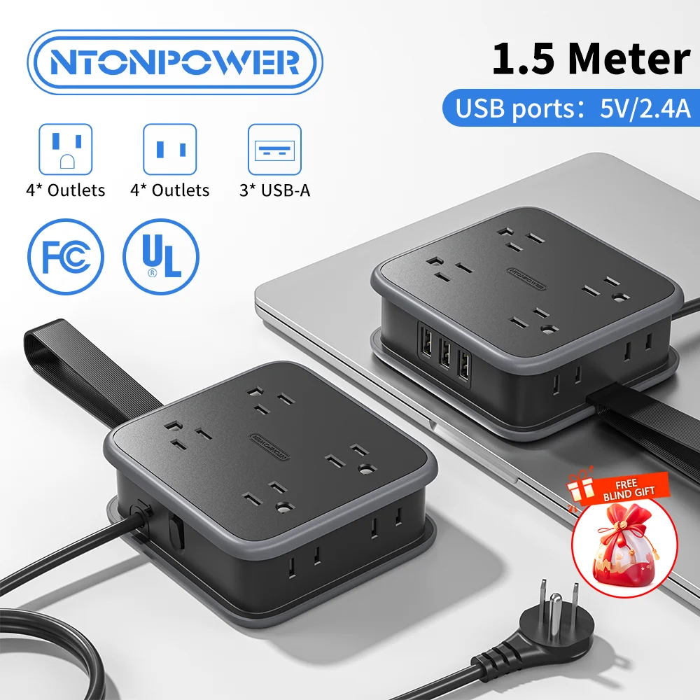 

8 Outlet Power Strip with 3USB-A Ports 1.5m Extension Power Cord Universal Travel Adapter Network Filter Extension Cable US Plug
