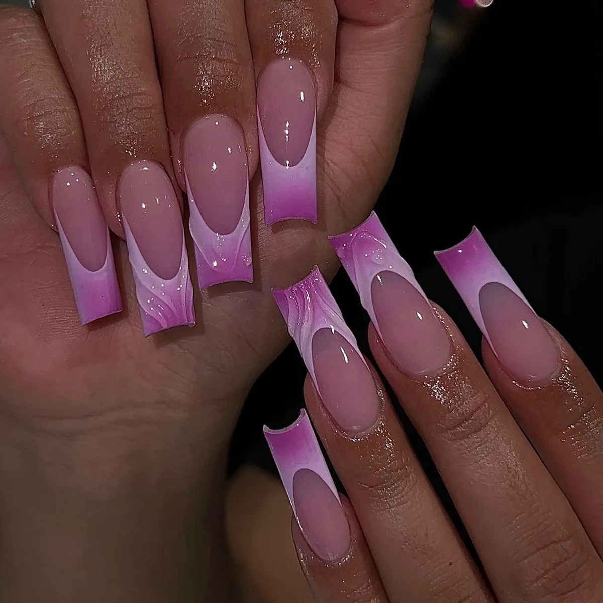 24Pcs Long Ballet, 3d Curve Design, Full Cover, Simple, French French Tip, Pink, Purple, Long Nail Tip