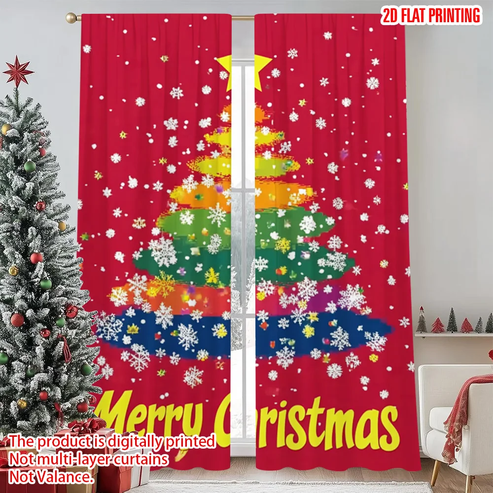 

2pcs 2D flat printing Merry Christmas Curtains colorful Christmas Tree Versatile Polyester Without Electricity Birthday Party