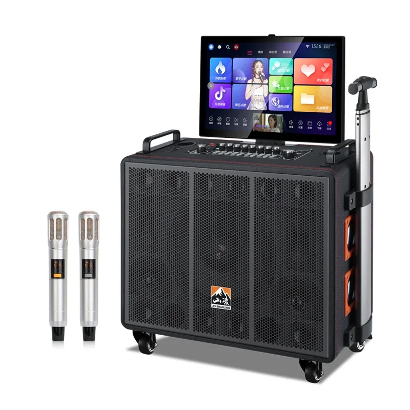 For2024 Multi-function Karaoke System Machine Wifi Portable Karaoke Speaker with 17 Inch Black Battery Wooden Speaker TYPE-C RGB