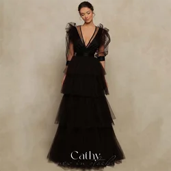 Cathy Mysterious V-neck Prom Dress 2023 Multilayer Vestidos De Noche Black Puffy Sleeve Prom Gown Perspective فساتين السهرة