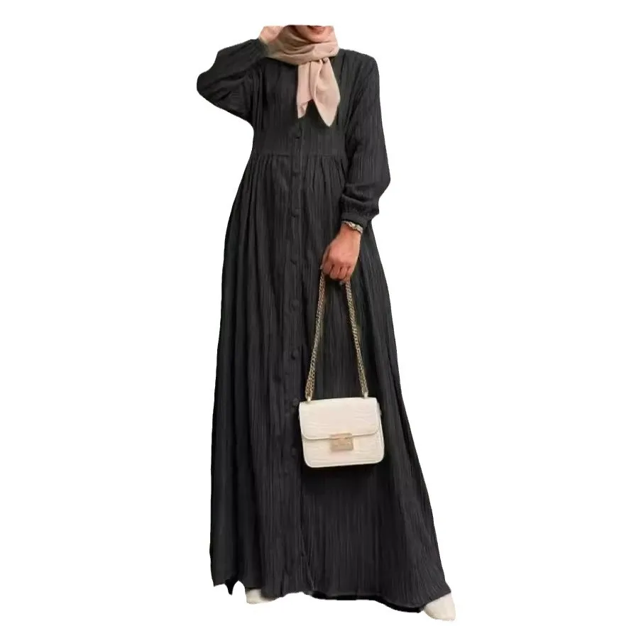 Muslim women's retro long sleeved solid color Arab Islamic robe Spring and Autumn new elegant casual plus size Dubai dress