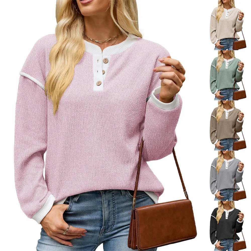 Autumn Winter Sweatshirts Women's Patchwork Color Block Button Knit Hoodies Casual Drop Shoulder Long Sleeve Pullover Loose Tops
