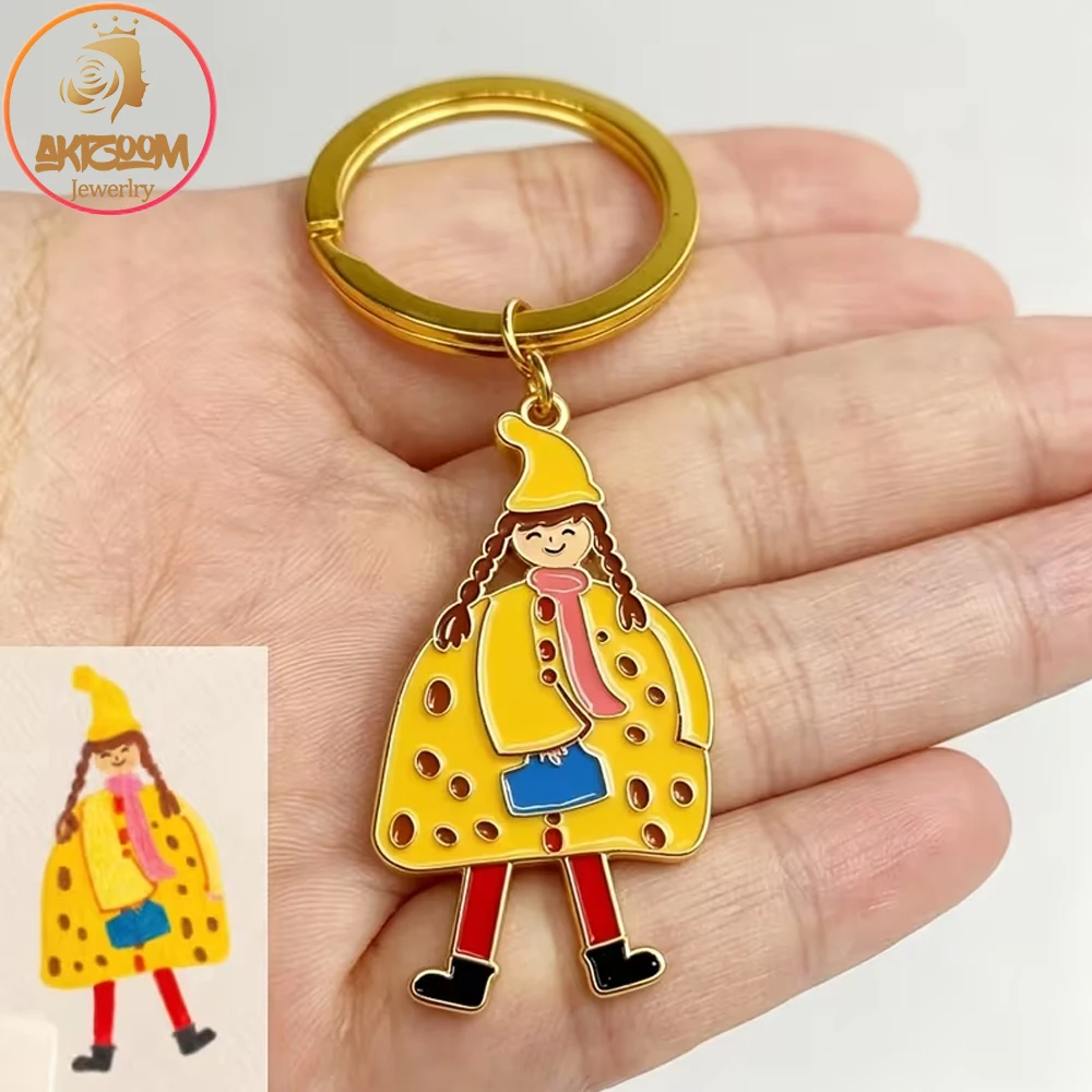 Akizoom Custom Engrave Color Picture Kid's Drawing Keychain Stainless Steel Personalized Name Photo Round Keyring for Woman Gift