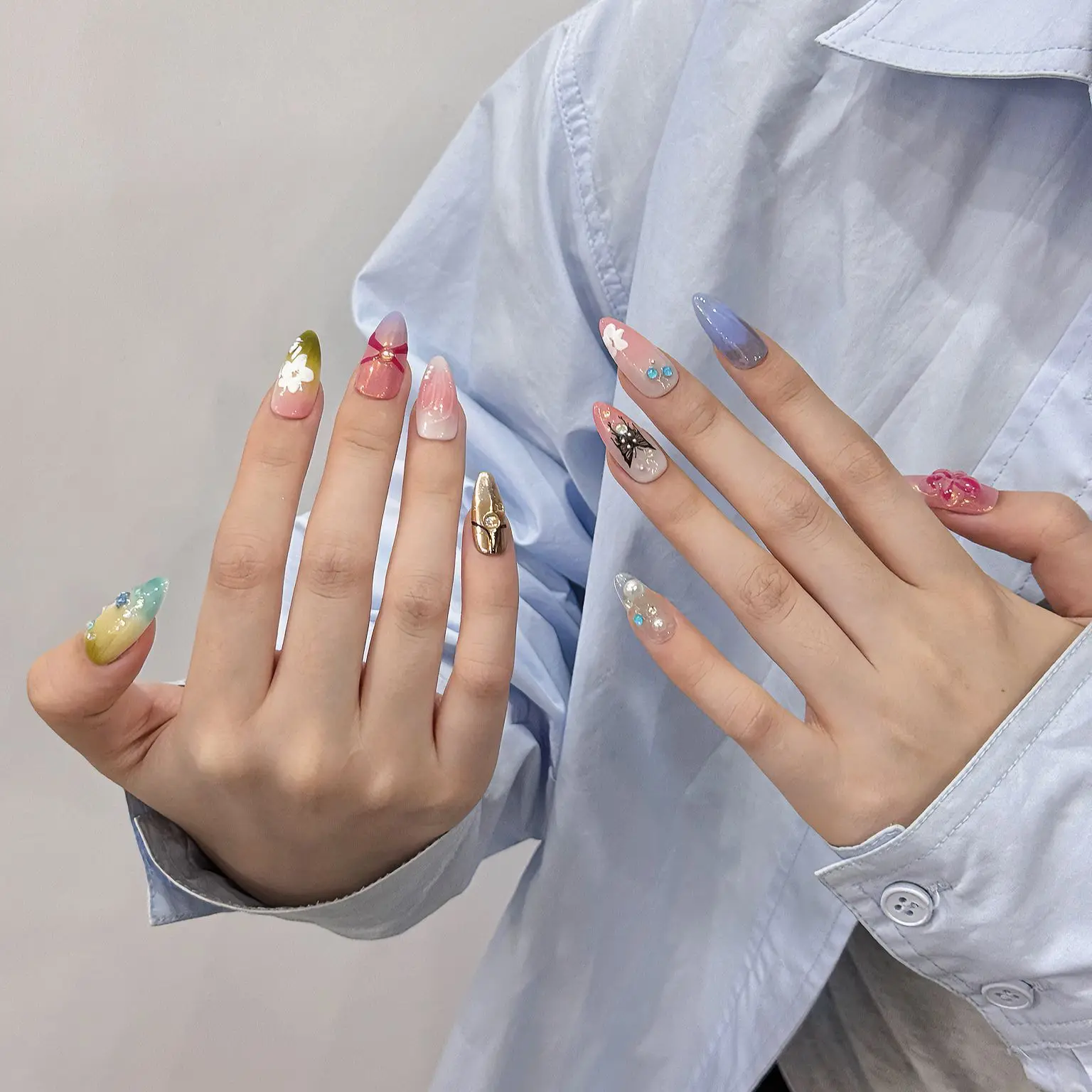 Faux Amandes Colorés Faits à la Main pour Femme et Fille, à Presser, Motifs de Fleurs, Papillon, Manucure, Y2K, N64.Tips, 10 Pièces