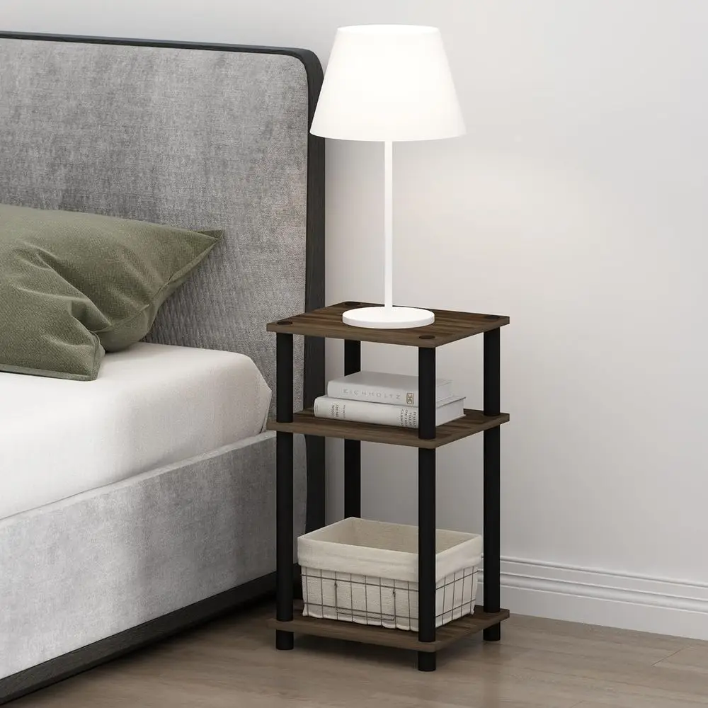 3-Tier Turn-N-Tube Open Storage Nightstand, 1-Pack, Plastic Poles, Walnut/Black