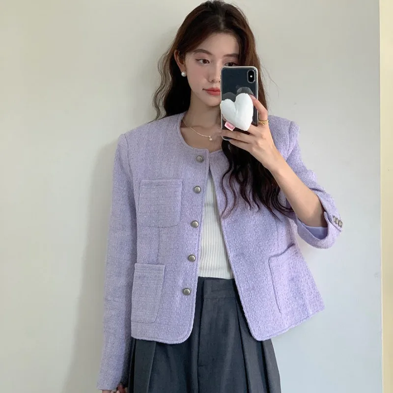 Small Fragrant Wind Purple Jacket Women\'s Spring New Retro Short Coat Loose Temperament Outwear Round Neck Long Sleeved Top