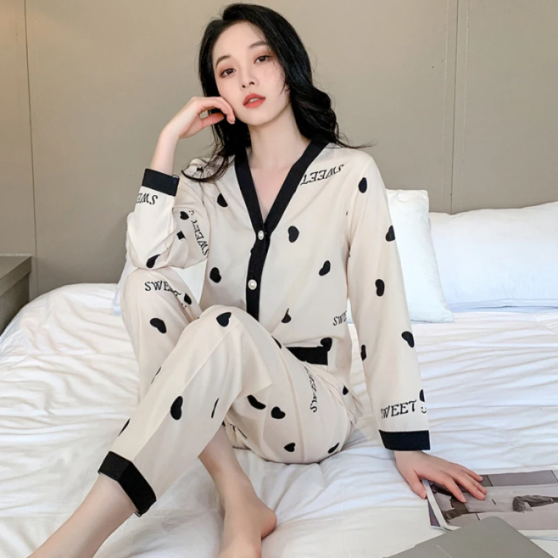 2024 Autumn New Ice Silk Women\'s Pajamas Two Pieces Sets Long Sleeve Pants Sleepwear Fashion Cute Letter Print Female Homewear