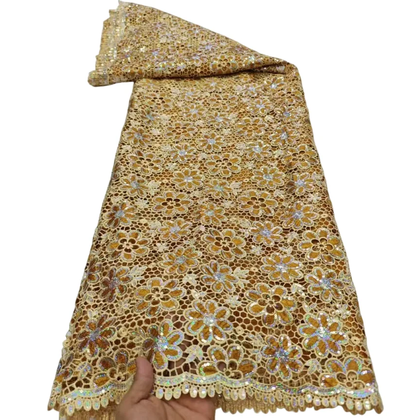 

High Quality Cord Guipure Lace Fabric 2025 Sequins Knitted African Lace Fabric Nigerian Water Soluble Party Dress For Women Sew