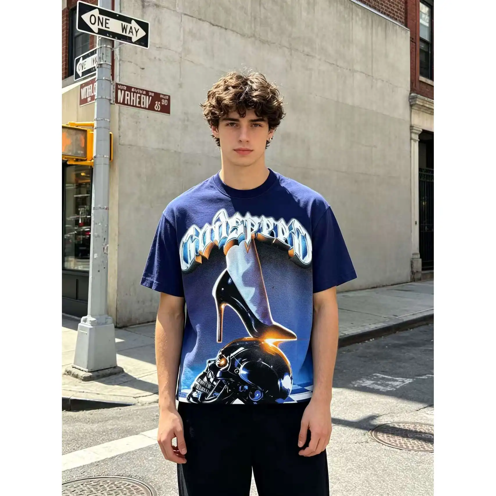 Godspeed American Retro High Heels Robot Loose Fit Short Sleeve Pure Cotton T-Shirt Street Style Citywalk Casual Youth Fashion