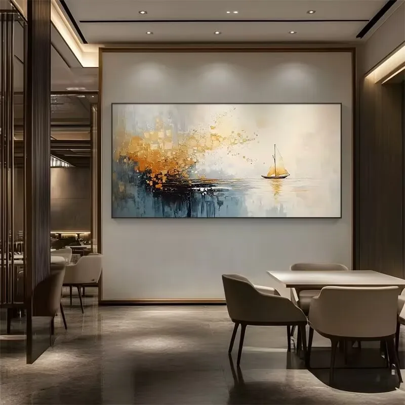 

Gold Foil Sea Hand Drawn Oil Painting on Canvas,Abstract Sailboat,Wall Hanging Picture,Home Decor for Living Room,Corridor Mural