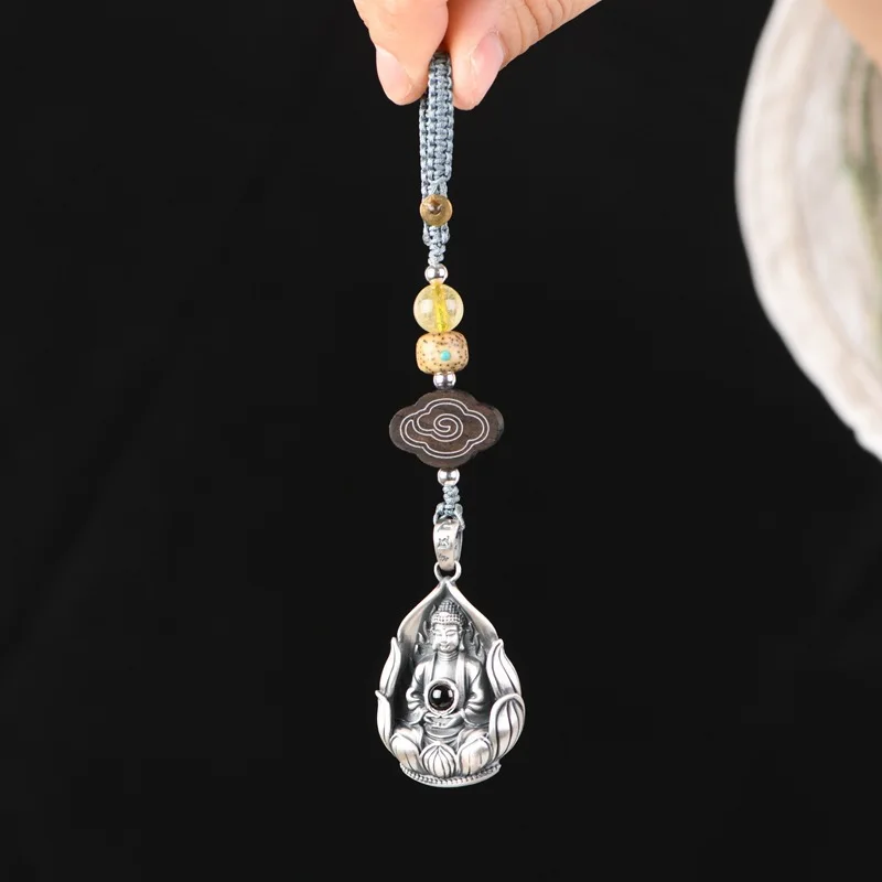 Hand woven rope hair crystal star moon sandalwood auspicious cloud lotus Buddha statue car keychain