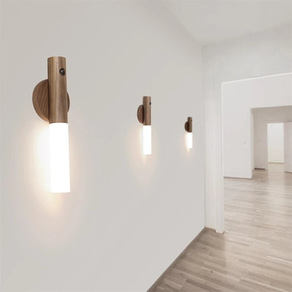 LED Warm Motion intelligent Sensor Wall Lamp Wireless Wood Stick Night Light Corridor Cabinet Wardrobe Light Decor Home Light