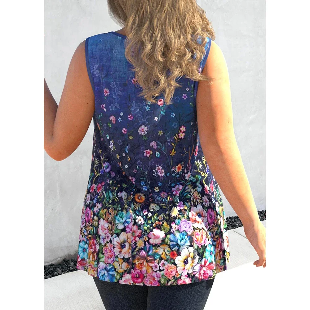 Top de alças com estampa floral tamanho grande, botão decorativo, gola redonda, sem mangas, casual, verão