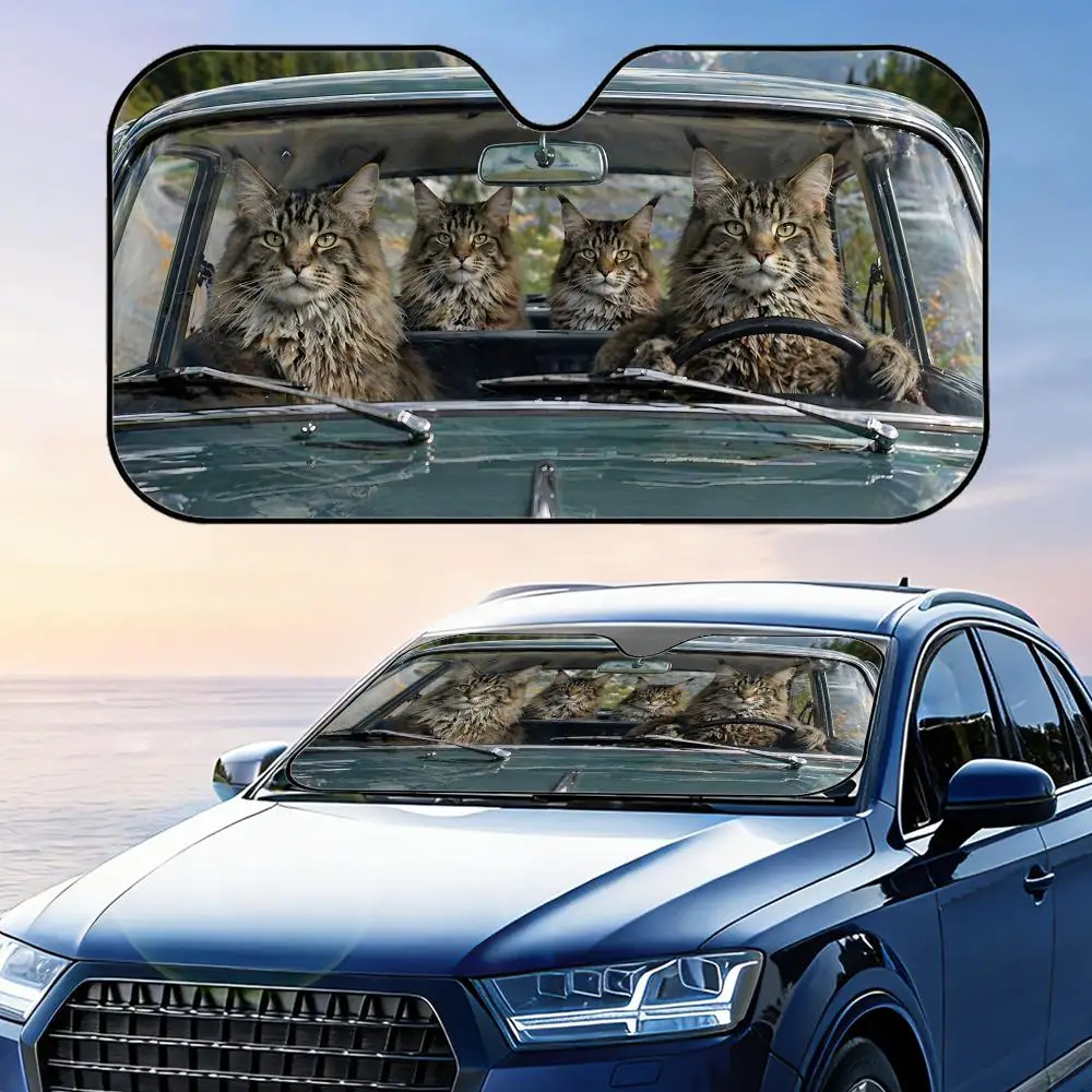 Divertida visera plegable con diseño de Maine Coon para conducir, parasol universal para parabrisas de coche, protección UV, aislamiento térmico, cubierta plegable