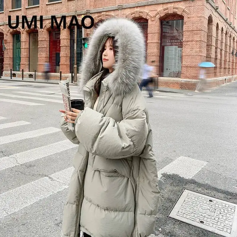 

UMI MAO 90, белый утиный пуховик Femme, осень-зима, Harajuku, корейское длинное утолщенное свободное пальто средней длины для женщин