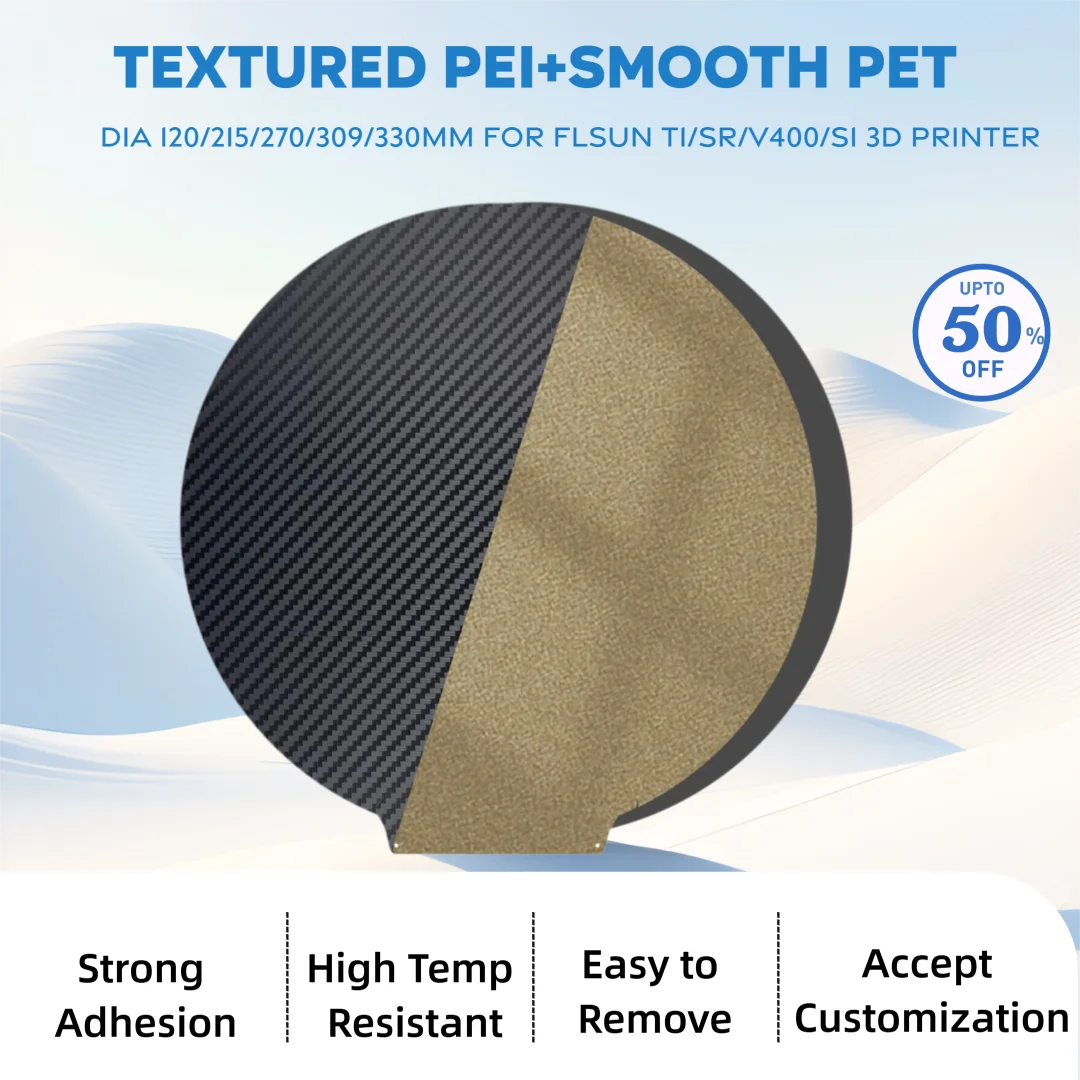 Smooth Carbon Fiber PET + Textured PEI Build Plate Dia 270/309/330mm Double Side PEI Flexible Print Bed for Flsun T1 SR/V400/S1