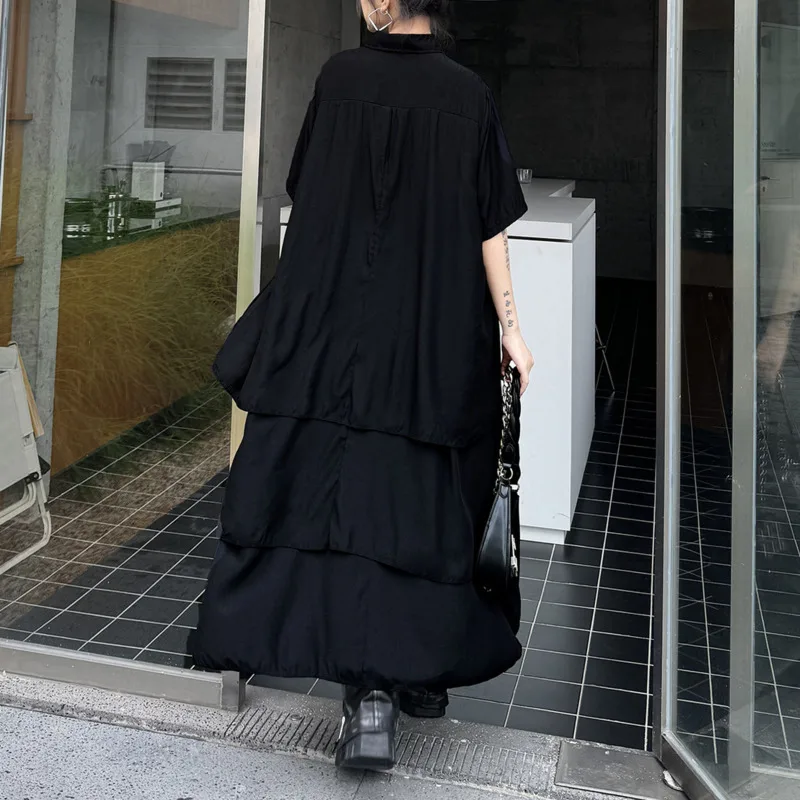 HKSH Spring Summer New Women Dress Irregular Hem Short Sleeves Single Breasted Casual Dark Elegant Ins Oversized Dresses HK16641