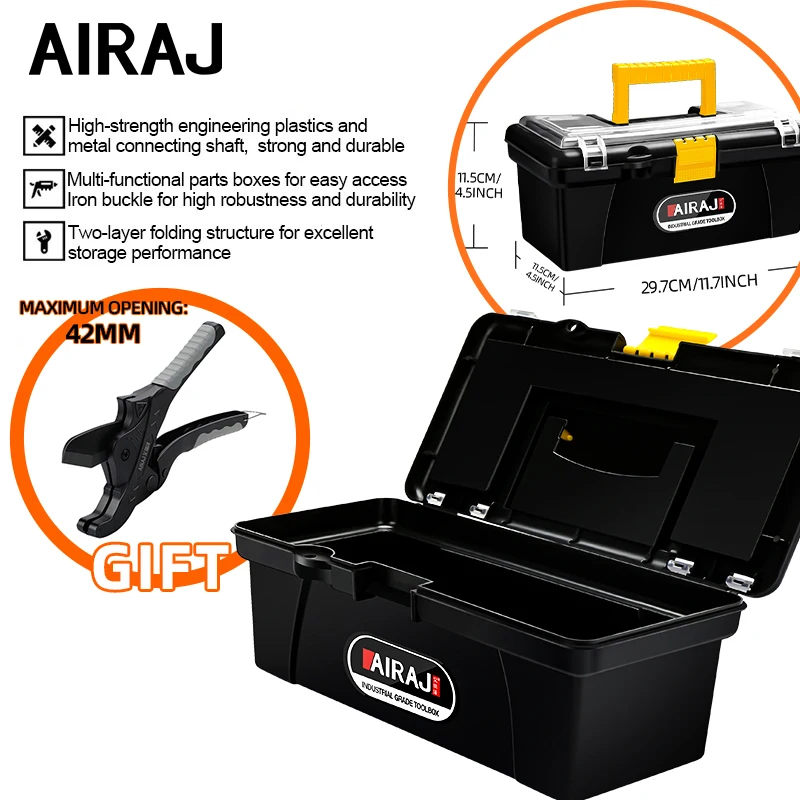 AIRAJ 12Inch Tool Box Hard Case Garage Organizer Complete Toolkit Boxes Feed Pipe Scissors Mechanics Electrician Storage Tools