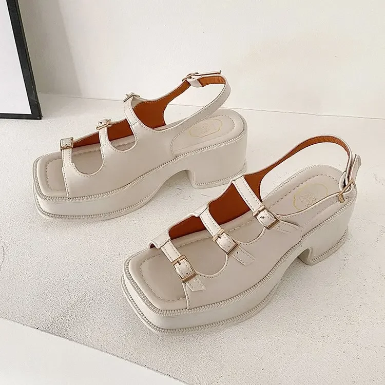 2022 New Platform Sandals Ladies High Heels Summer Women\'s Shoes Wedge Sandals Open Toe Shallow Solid Color Buckle Casual