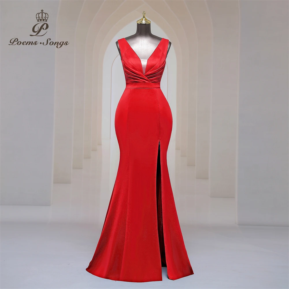 Elegant Deep V neck red soft satin evening dresses for women party dresses Bridesmaid dress formal occasion dress prom dresses