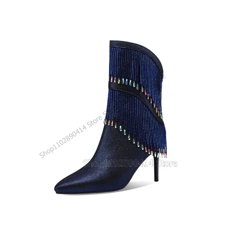 Cordão azul de miçangas borlas decoração botas de dedo apontado para mulheres, zíper traseiro, salto alto fino, moda, 2023