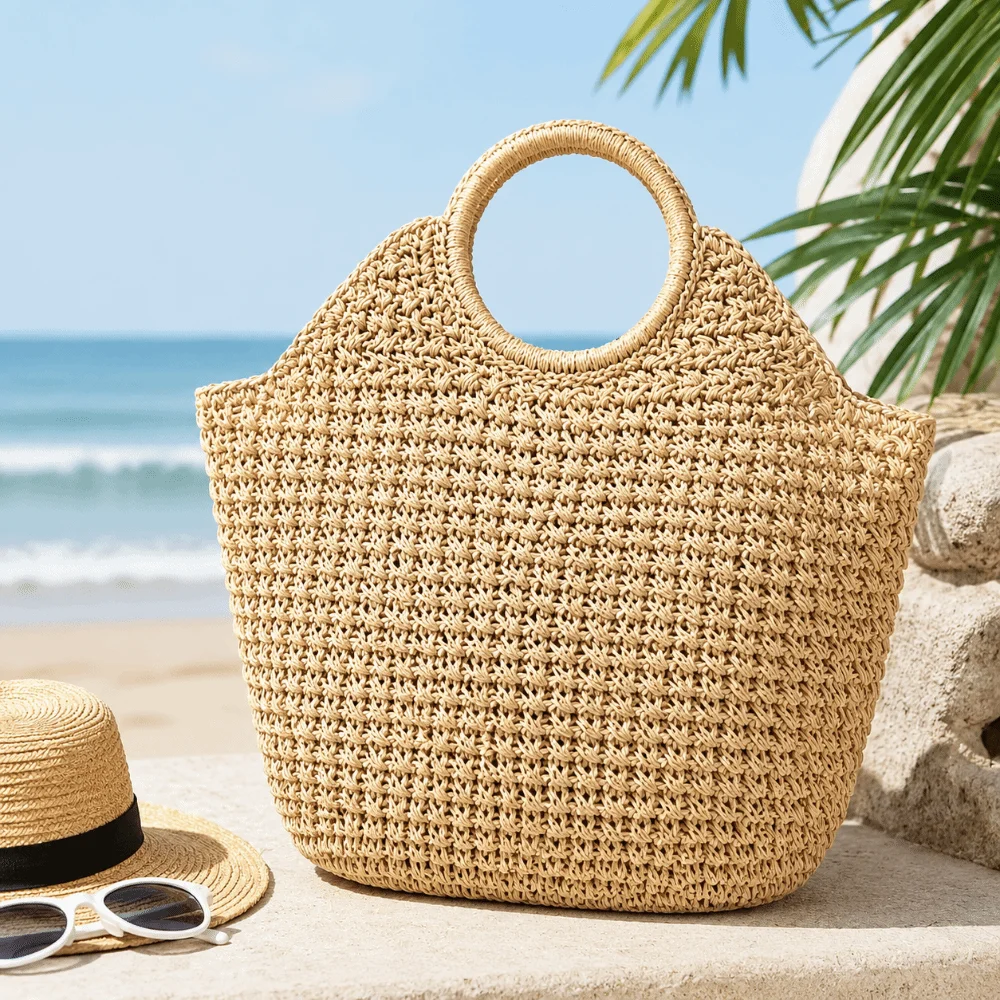Bolso de Mano de Fibra Natural, Color Puro, Tejido de Paja, Asa Redonda, Gran Capacidad, para Playa y Viajes