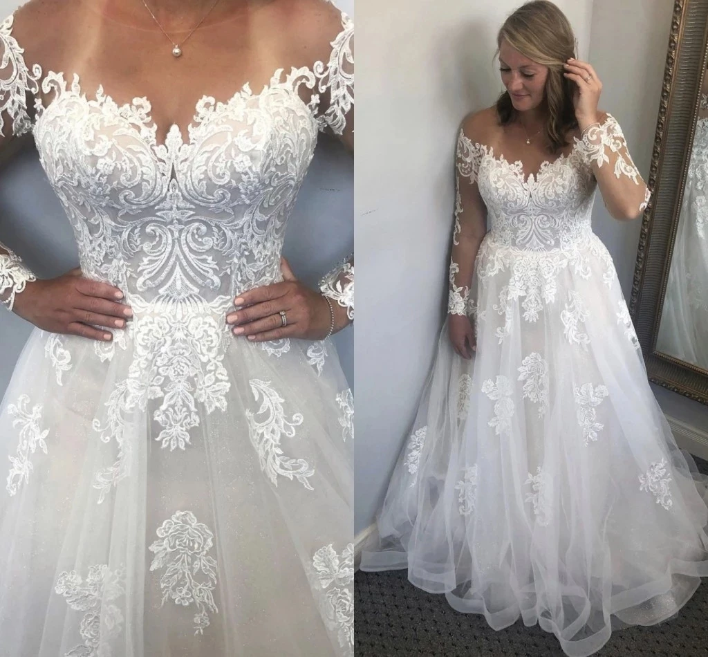 

ANGELSBRIDEP Applique Wedding Dress A-Line Real Photo Illusion Lace Appliques Bridal Gown Corset Vestidos De Noiva Plus Size Hot