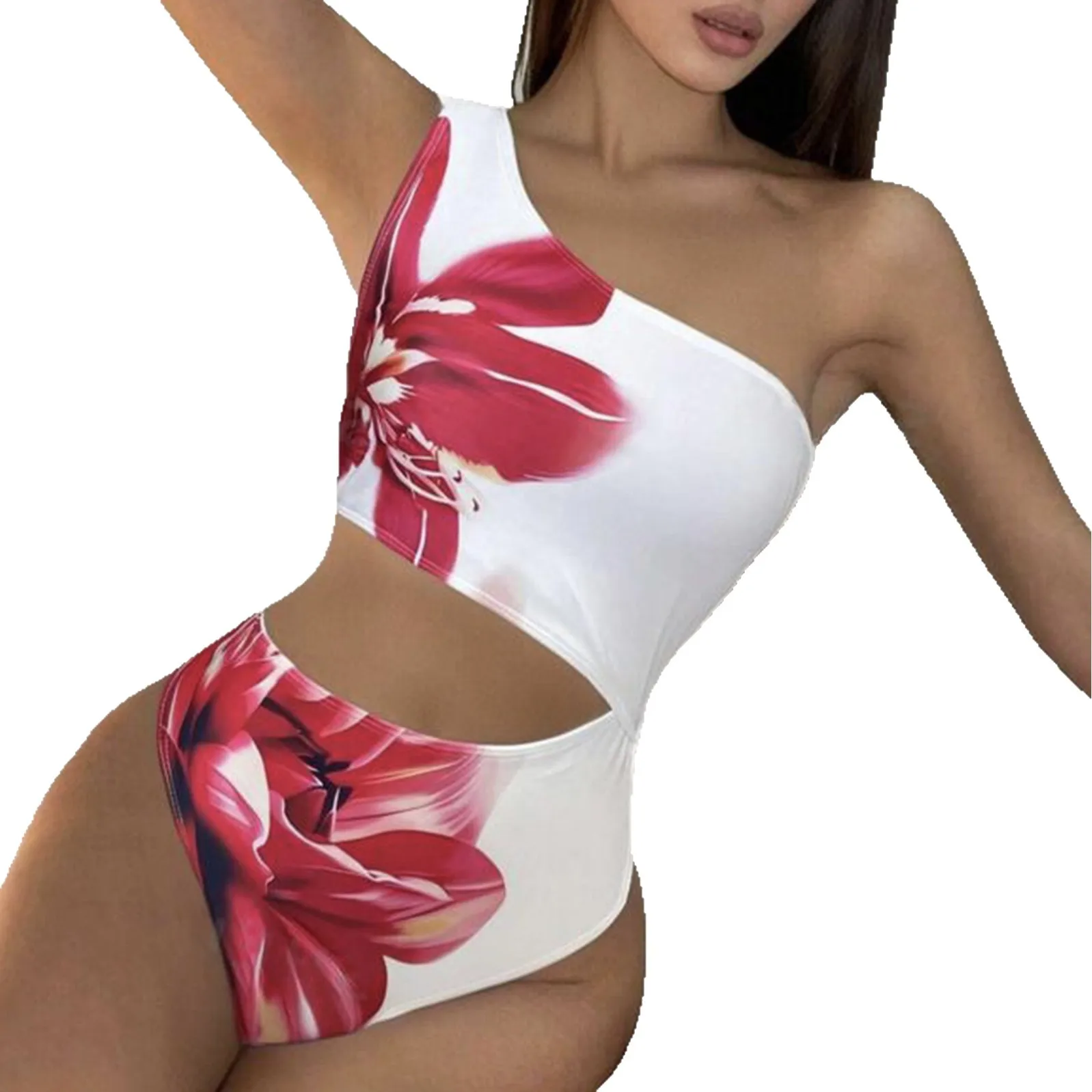 2025 Sexy One-Shoulder Monokini Women’s Floral Cutout One-Piece Swimsuit High Leg Design & Adjustable Ties Trendy Beach Holiday