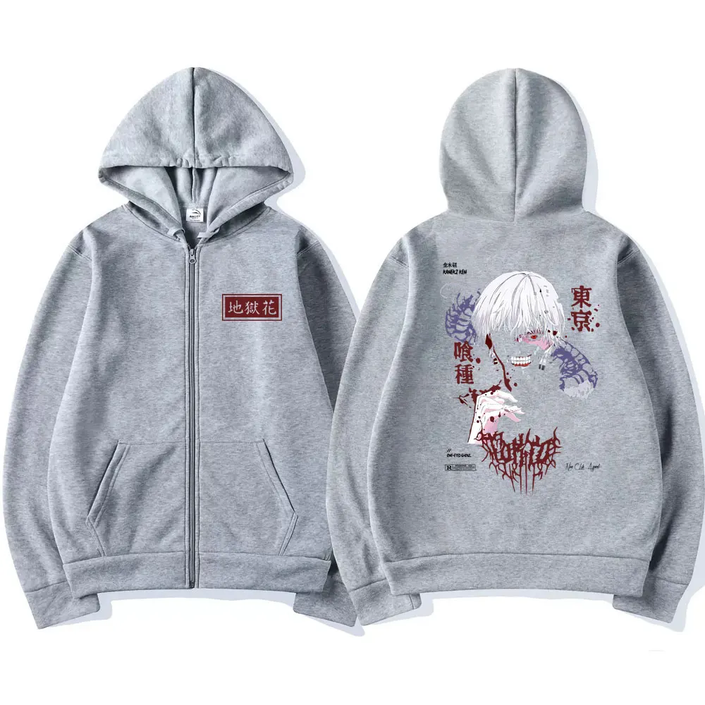 Anime Tokyo Ghoul Kaneki Ken Spider Lily Print Reißverschluss Hoodie Unisex Kapuzenpullover Herren Manga Übergroße Zip Up Hoodies Jacken – Detail 4