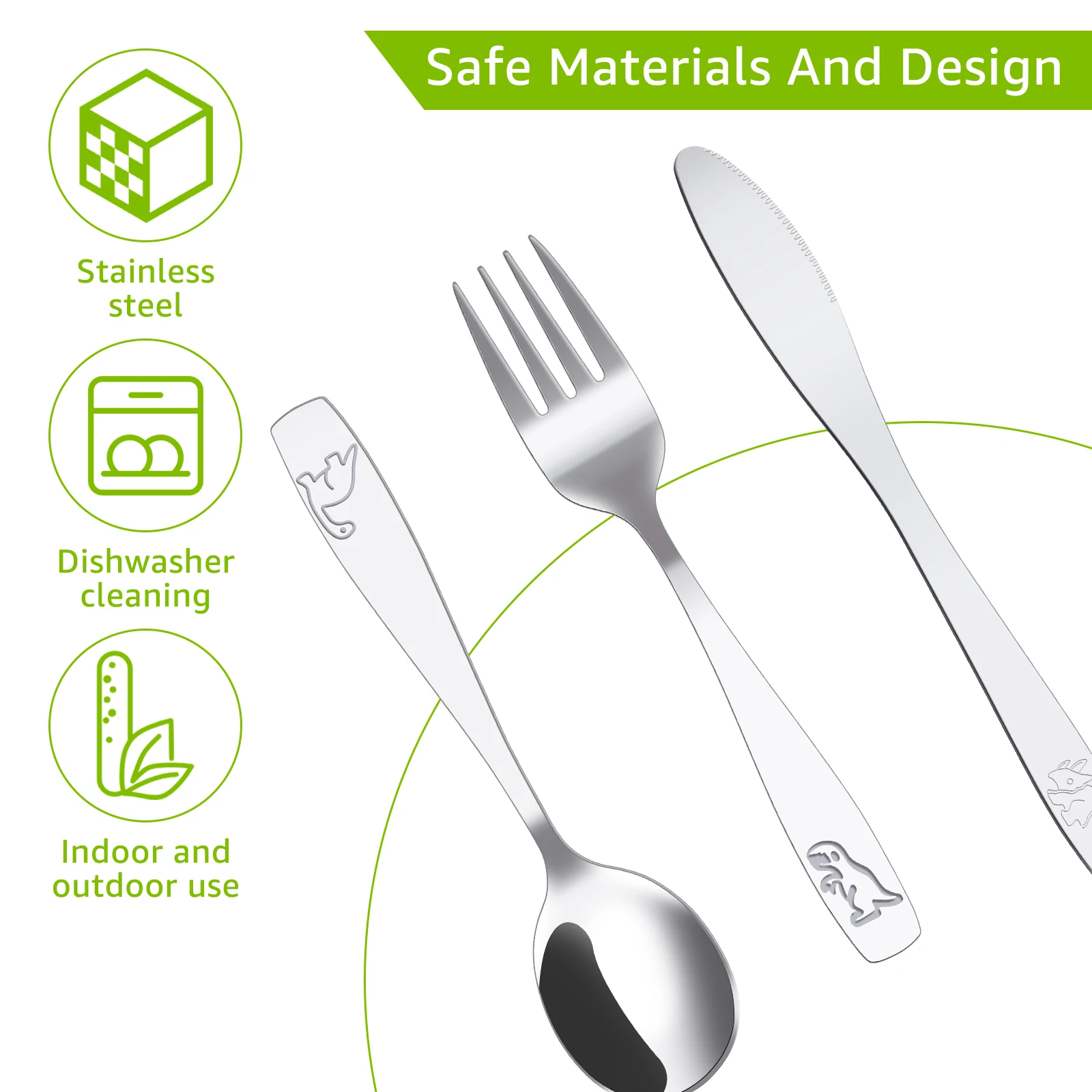 30Pcs Kids Silverware Set Stainless Steel Toddler Fork Spoon and Cutter Set Ergonomic Safe Toddler Utensils Engraved Dinosaur