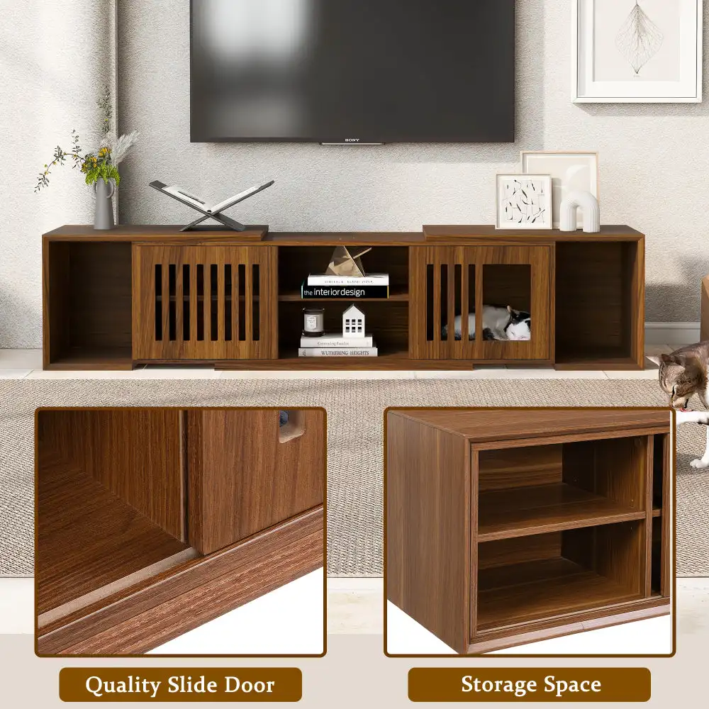 

Mid-Century Modern 2 in 1 PET FRIENDLY Walnut TV Stand With Extendable table Soft cushion Sliding door Cat friendly furniture