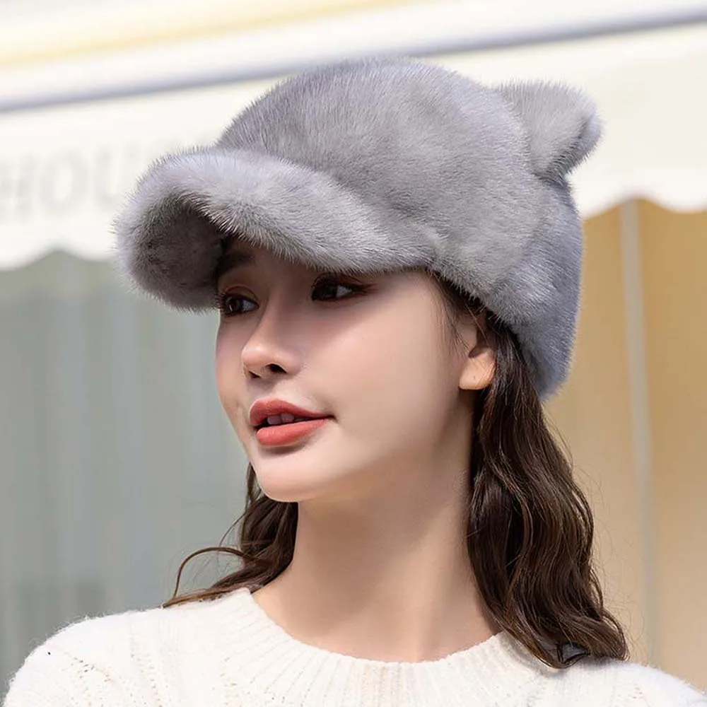 

2025 милая женская зимняя толстая теплая шапка из натурального норкового меха, шапка из норкового меха, меховая шапка в виде утконоса, бейсболка, модные женские кепки