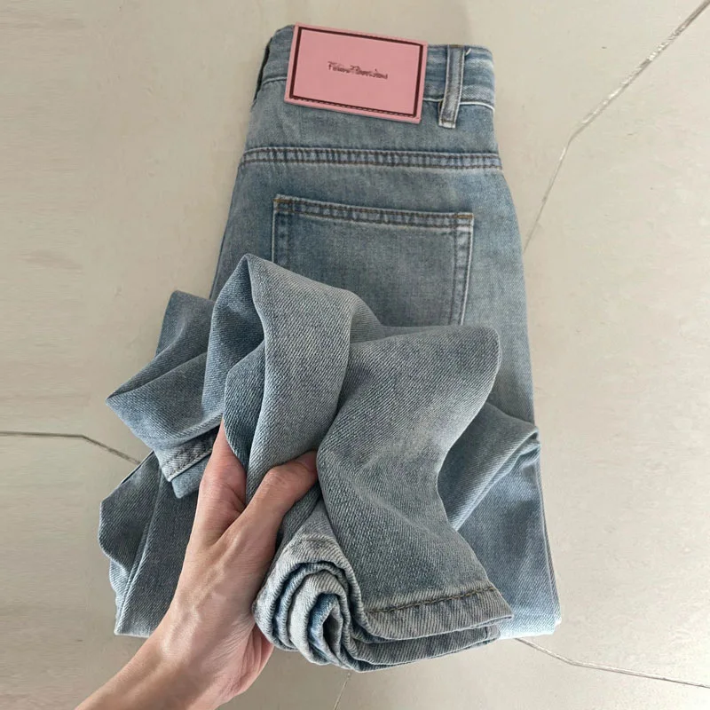 Frauen Jeans Basics in voller Länge gerade weites Bein Hosen hohe Taille Taschen Knopf einfarbige Vintage Hose lässige Jeans