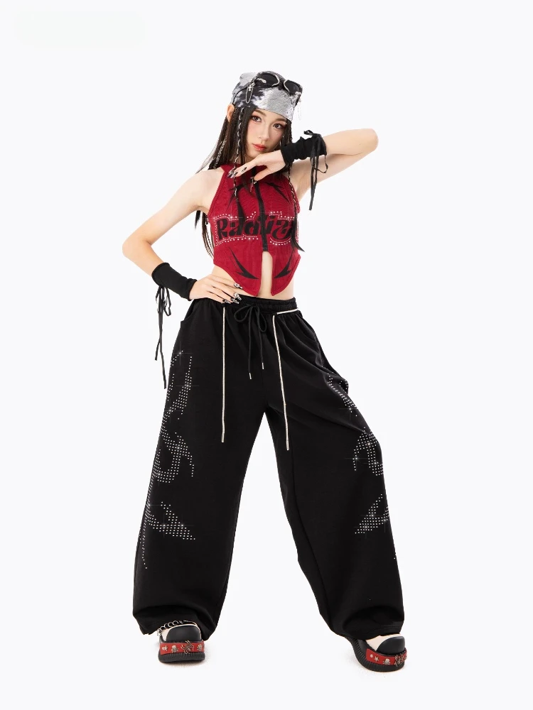 Ballroom Hip Hop Dance Costumes for Girls Red Sleeveless Top Baggy Pants Suit Fashion Streetwear Group Jazz Stage Wear Clothes