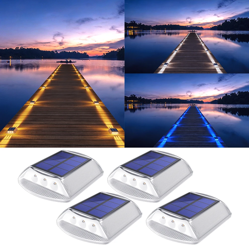 Solar Deck Lights Outdoor Warm White Driveway Lights Solar Powered IP68 Waterproof Stick on & Screw Dock Light Path Pool Lights
