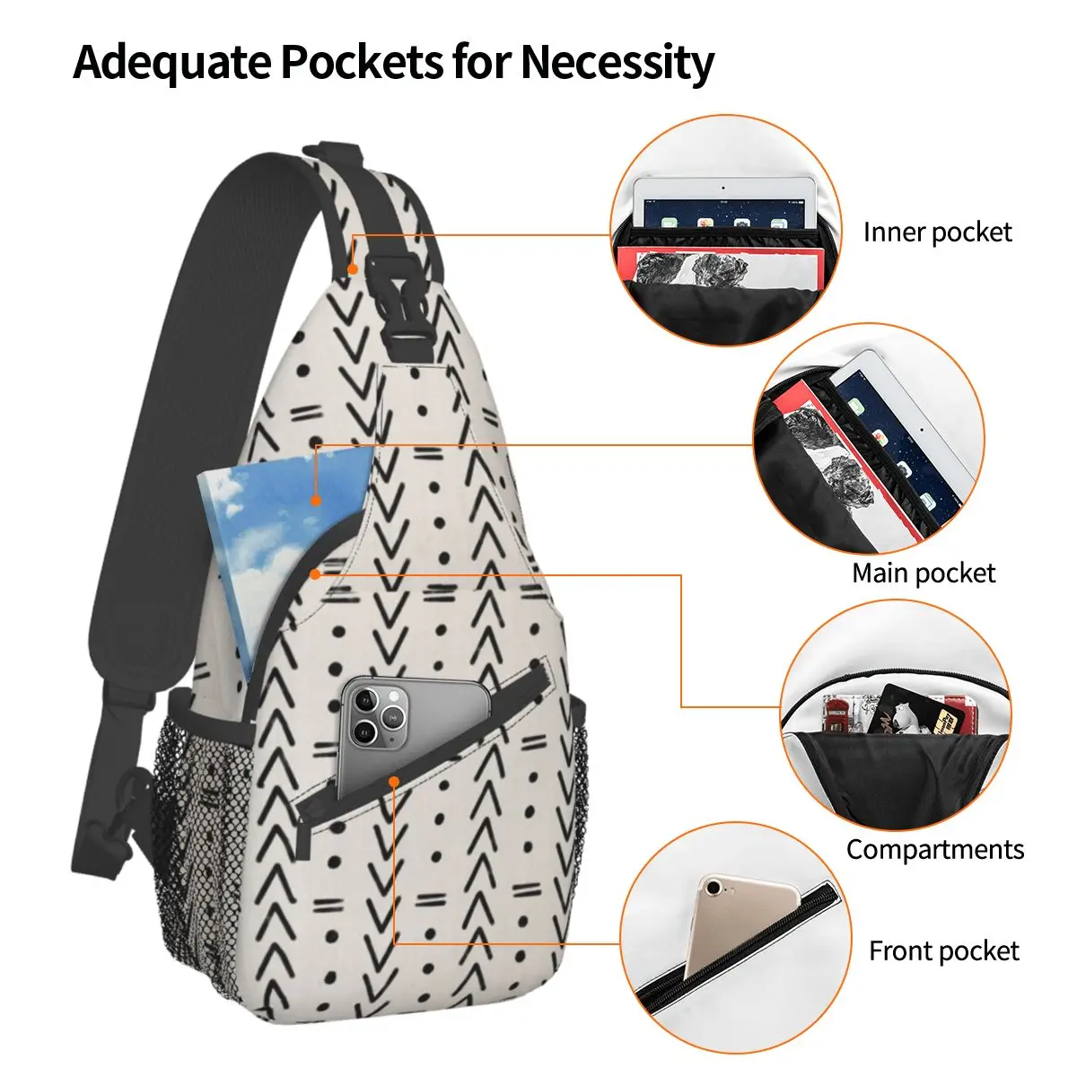 Mudcloth Formas Geométricas Pequeno Sling Bag Peito Crossbody Ombro Sling Mochila Outdoor Sports Daypacks Bohemian Bookbag