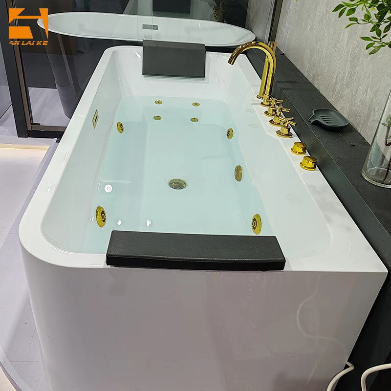 Modern Lucite Acrylic Freestanding Whirlpool Bathtub White Seamless Standalone Bath Back to Wall with Head Rest Golden Valve