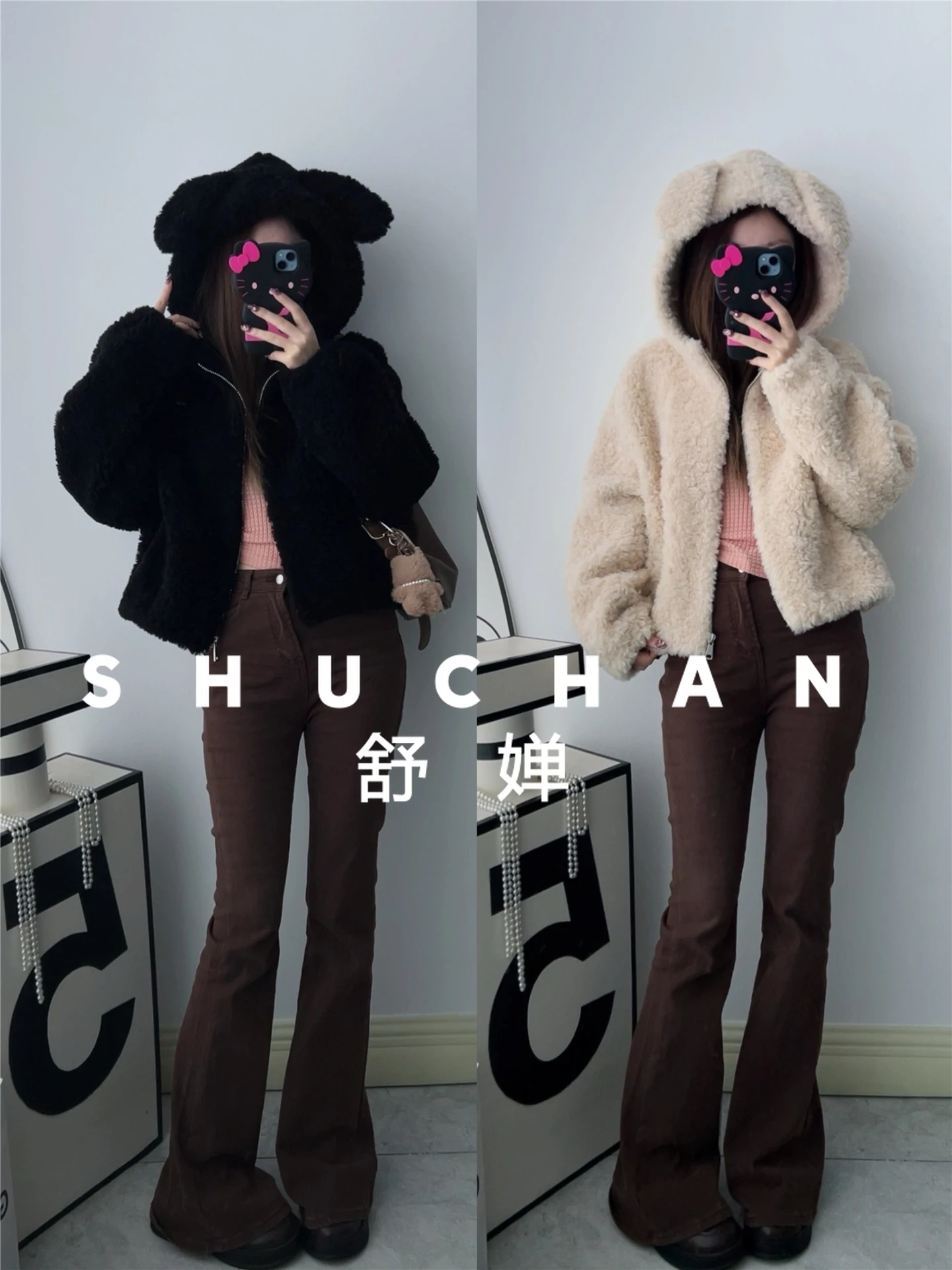 100% 울 여성용 후드 귀달이 지퍼 숏 순모 퍼 따뜻한 재킷 가을 겨울 아브리고스 무헤르