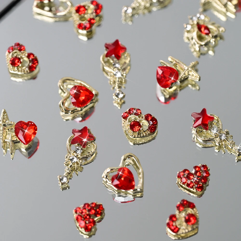 30Pcs/set Boxed Red Star Diamond Nail Charms Golden Hollowed-Out Alloy Nail Art Decoration Red Diamond Love Heart Nail Jewelry
