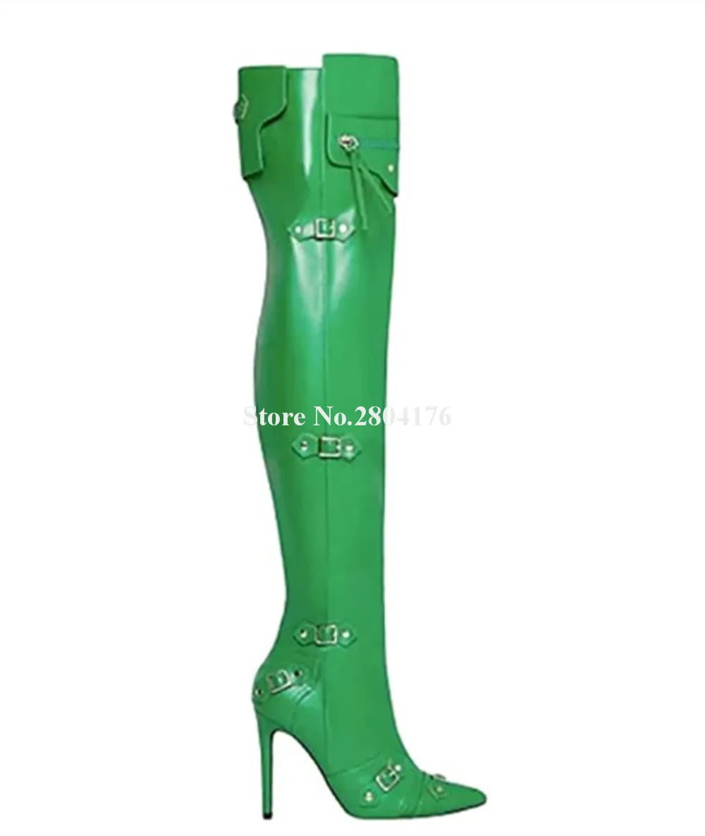 Newest Green Black Over-the-Knee Boots Sexy Slim Style Pointed Toe Metal Buckles Matte Leather Stiletto Heel Long Boots