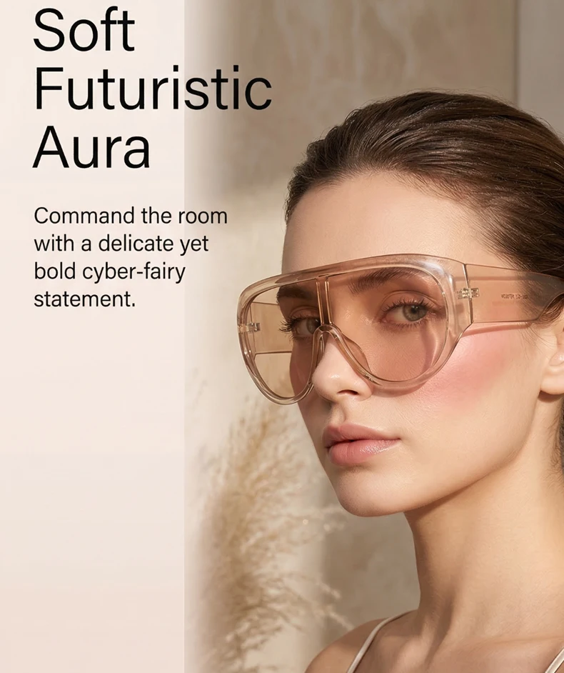 Übergroße Shield-Sonnenbrille für Damen, Y2K, futuristische einteilige Maskenbrille, transparent, braun, modische Schutzbrille, luxuriöses Design – Detail 2
